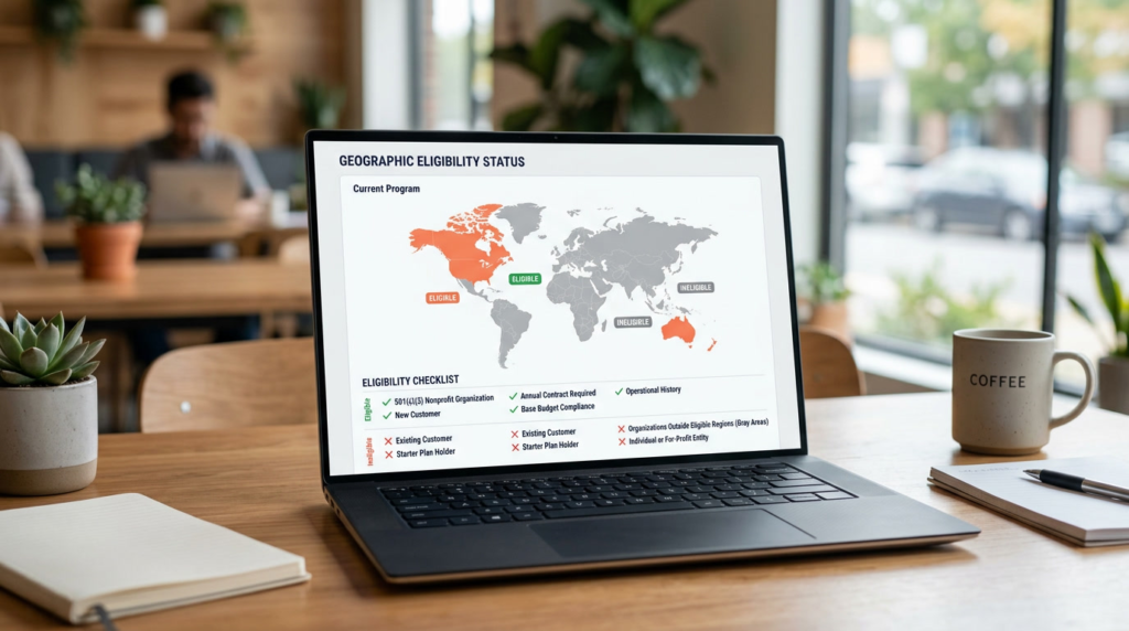 HubSpot nonprofit eligibility concept showing world map with North America Australia and New Zealand highlighted with checklist of qualifying and disqualifying criteria