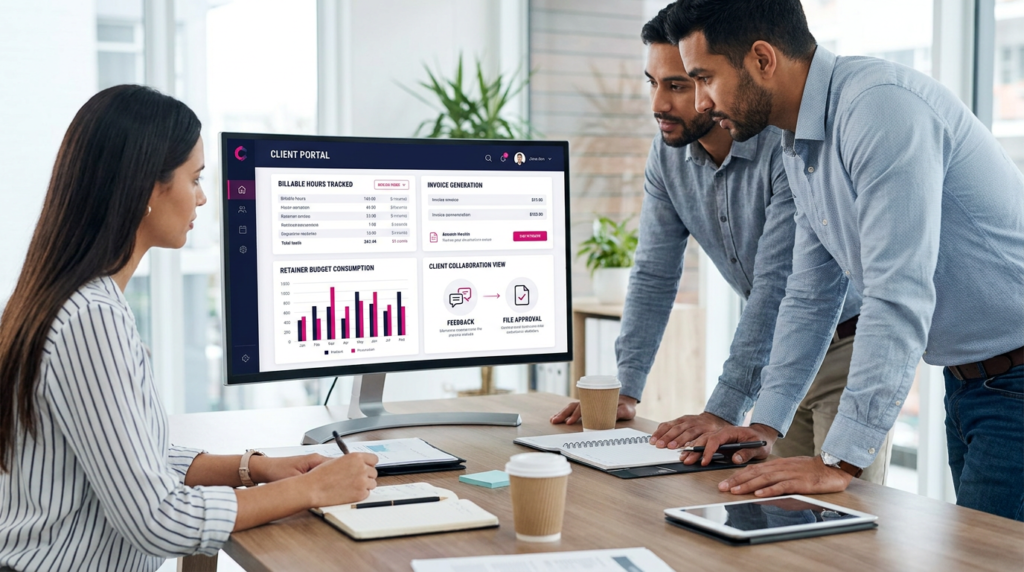 Agency team reviewing client portal dashboard with billable hours, invoice generation, retainer budget tracking, and file approval workflow