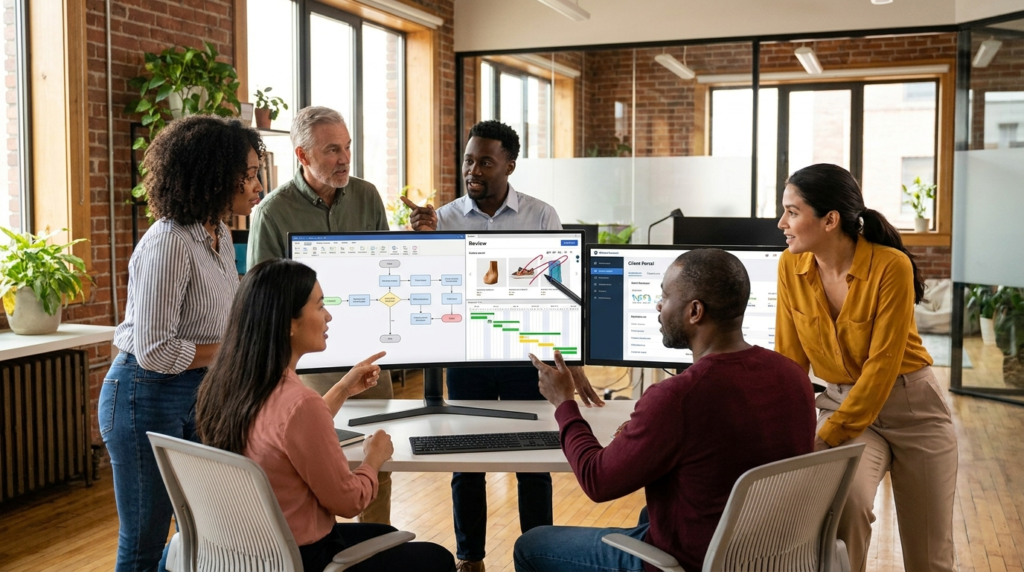 Marketing agency team collaborating around a client project approval workflow with creative asset review, Gantt chart, and client portal