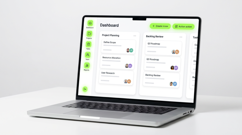 Wrike-style enterprise project management interface with bright green accents and floating task cards for agency workflows