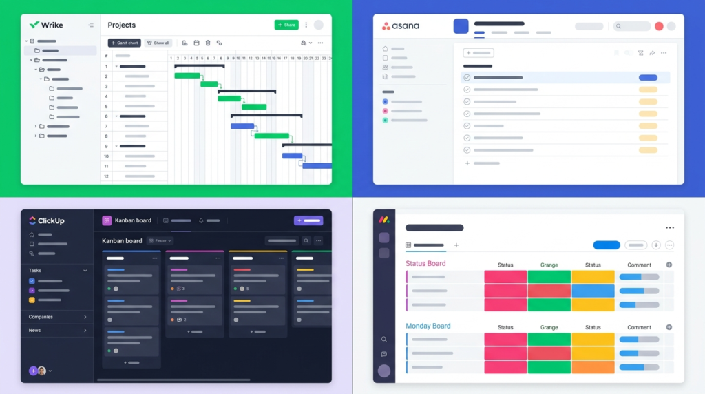 Side-by-side comparison of Wrike, Asana, ClickUp, and Monday.com interfaces highlighting each tool's visual design and feature approach